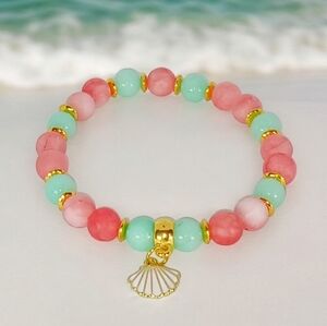 Pink Jade & Sea Foam Green Amazonite Crystal Bracelet with Shell Charm Beachy